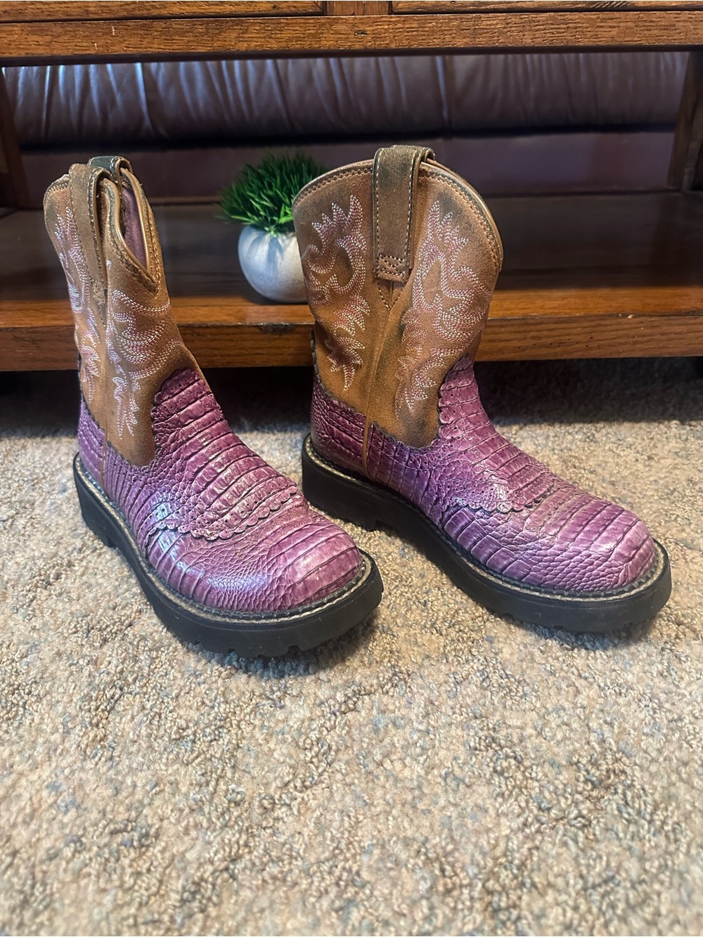 Ariat Women's  Purple Faux Croc Western Cowboy Boots with Brown Shaft